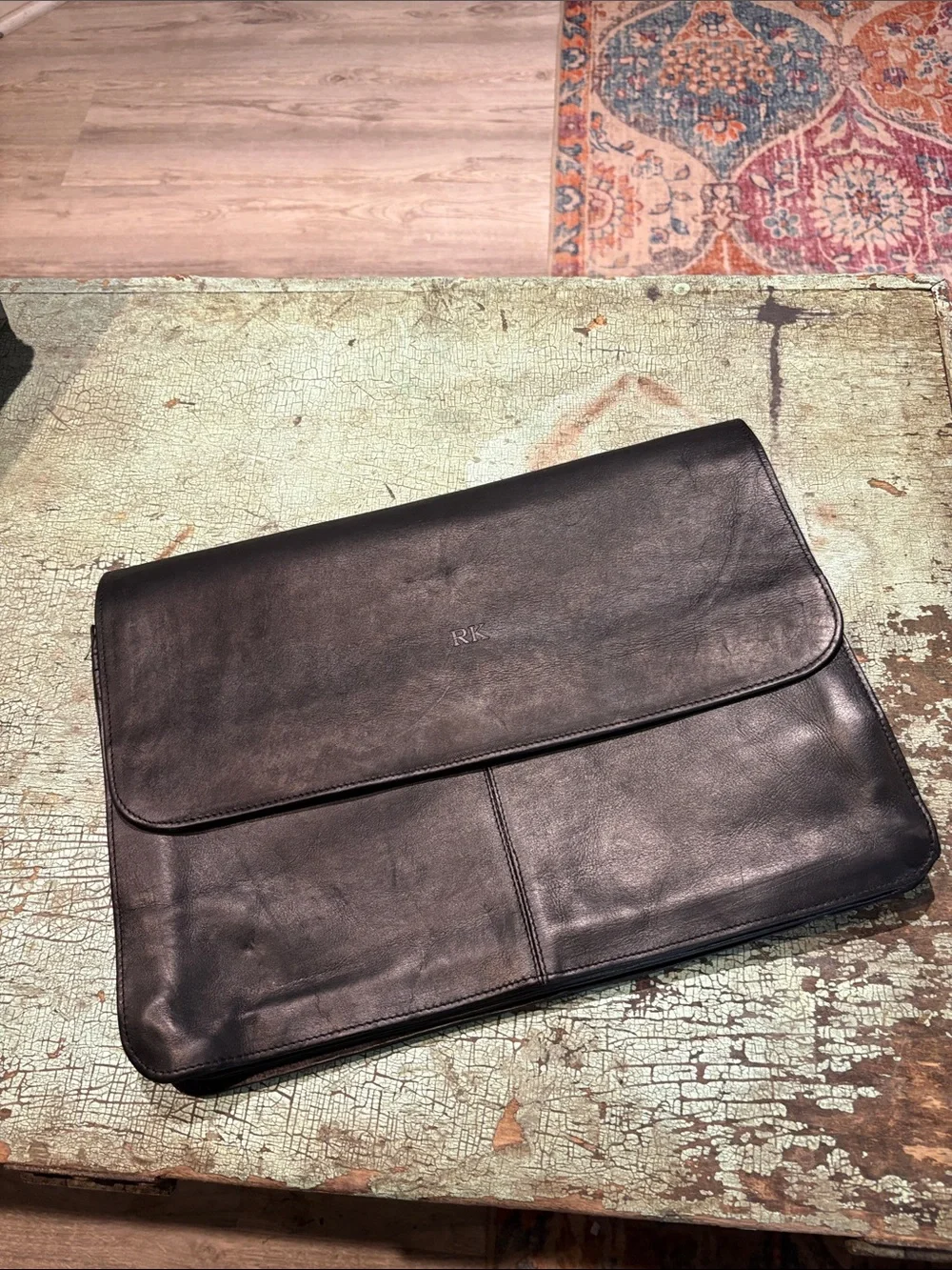 PIEL Leather Black Portfolio Briefcase Document Organizer Monogram RK